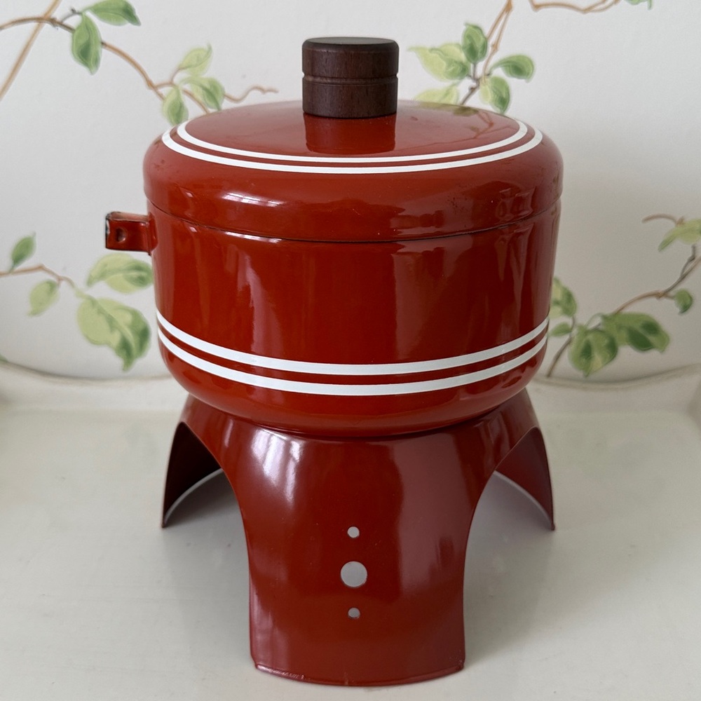 Mid Century 70s Sienna Brown Porcelain Enamel Fondue Set with Accessories - NEW - Picture 10 of 15